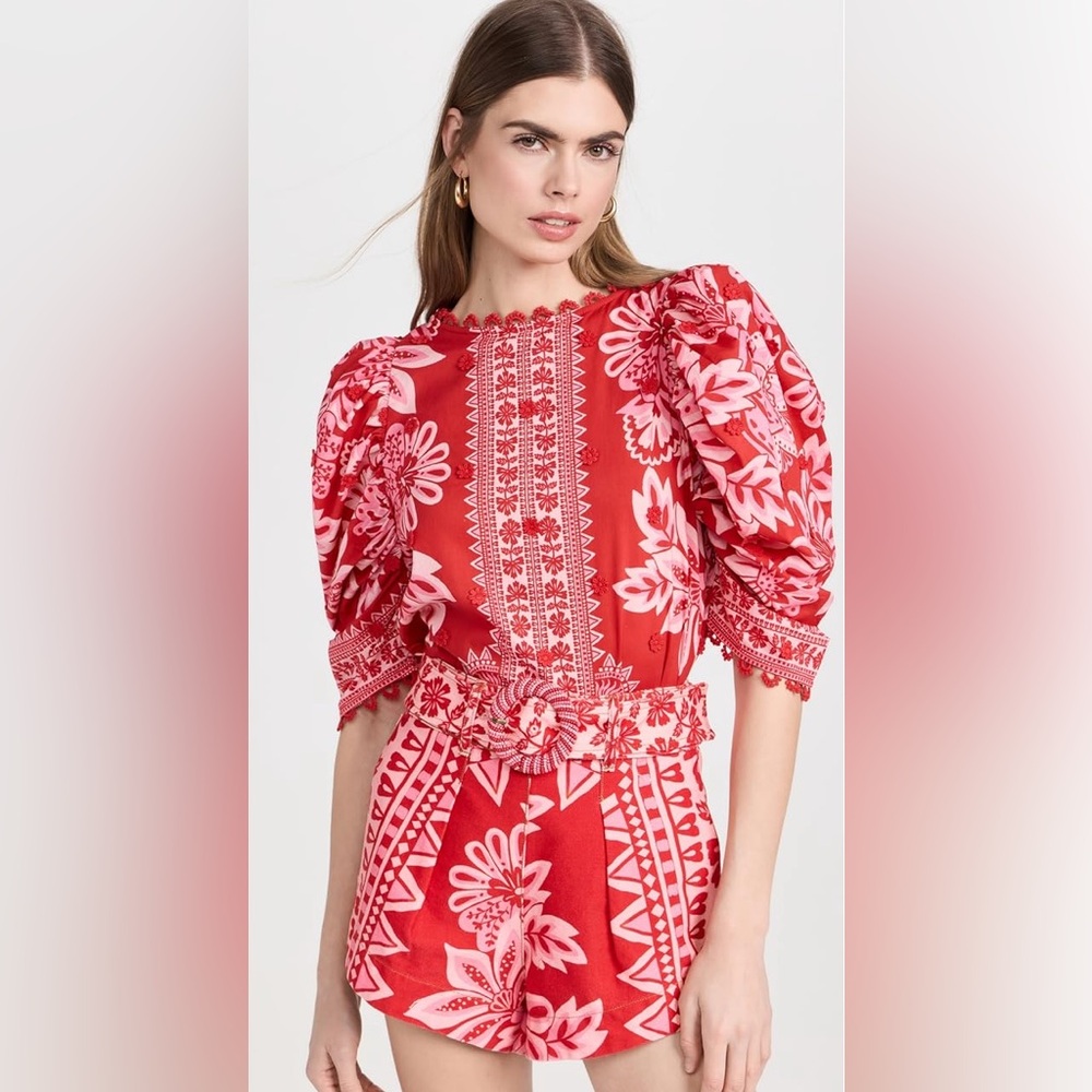 $185 MRSP | FARM Rio - Flora Tapestry Red Blouse | NWT | XS